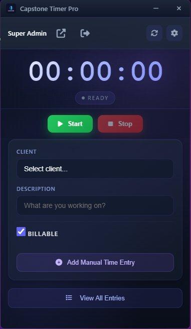 Capstone Timer Pro desktop app — start stop timer, client select, billable toggle