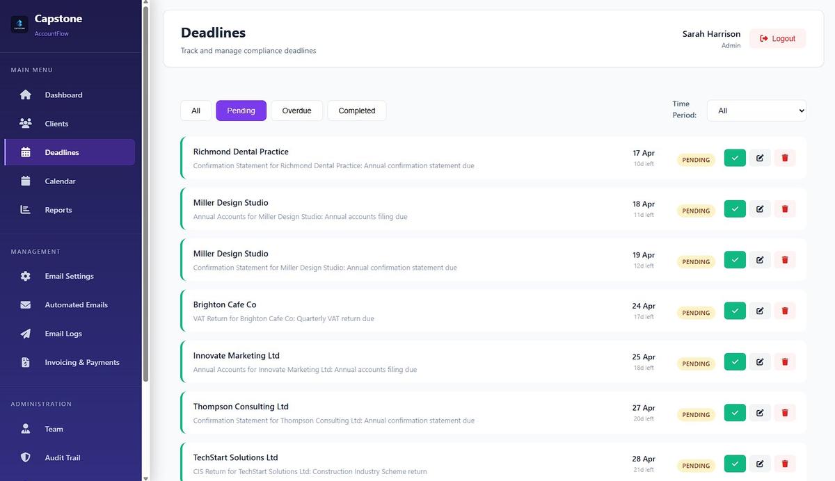 AccountFlow deadline tracker — VAT, CIS, confirmation statements pending