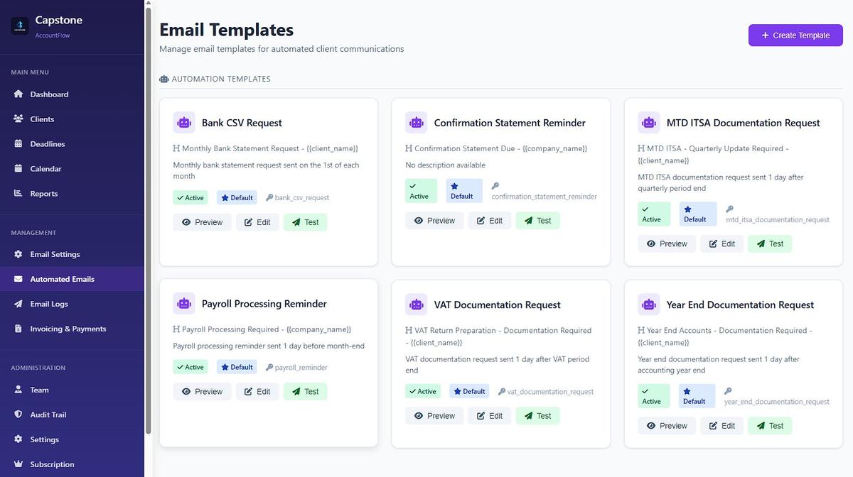 AccountFlow email templates — MTD ITSA, VAT, bank CSV, payroll automation